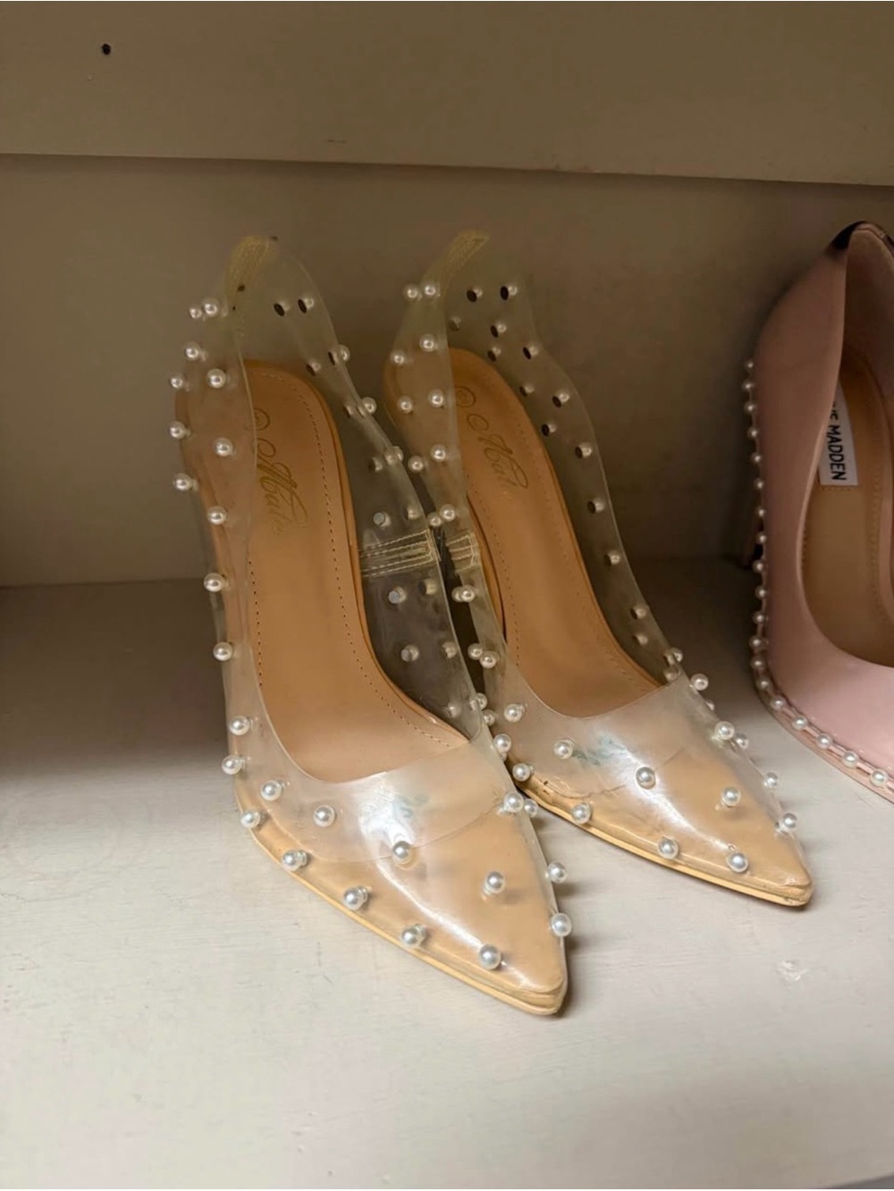 Clear Pearl-Embellished Pointed Toe Pumps